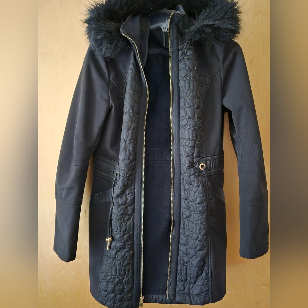 Via Spiga Black Coat with Faux Fur Trim